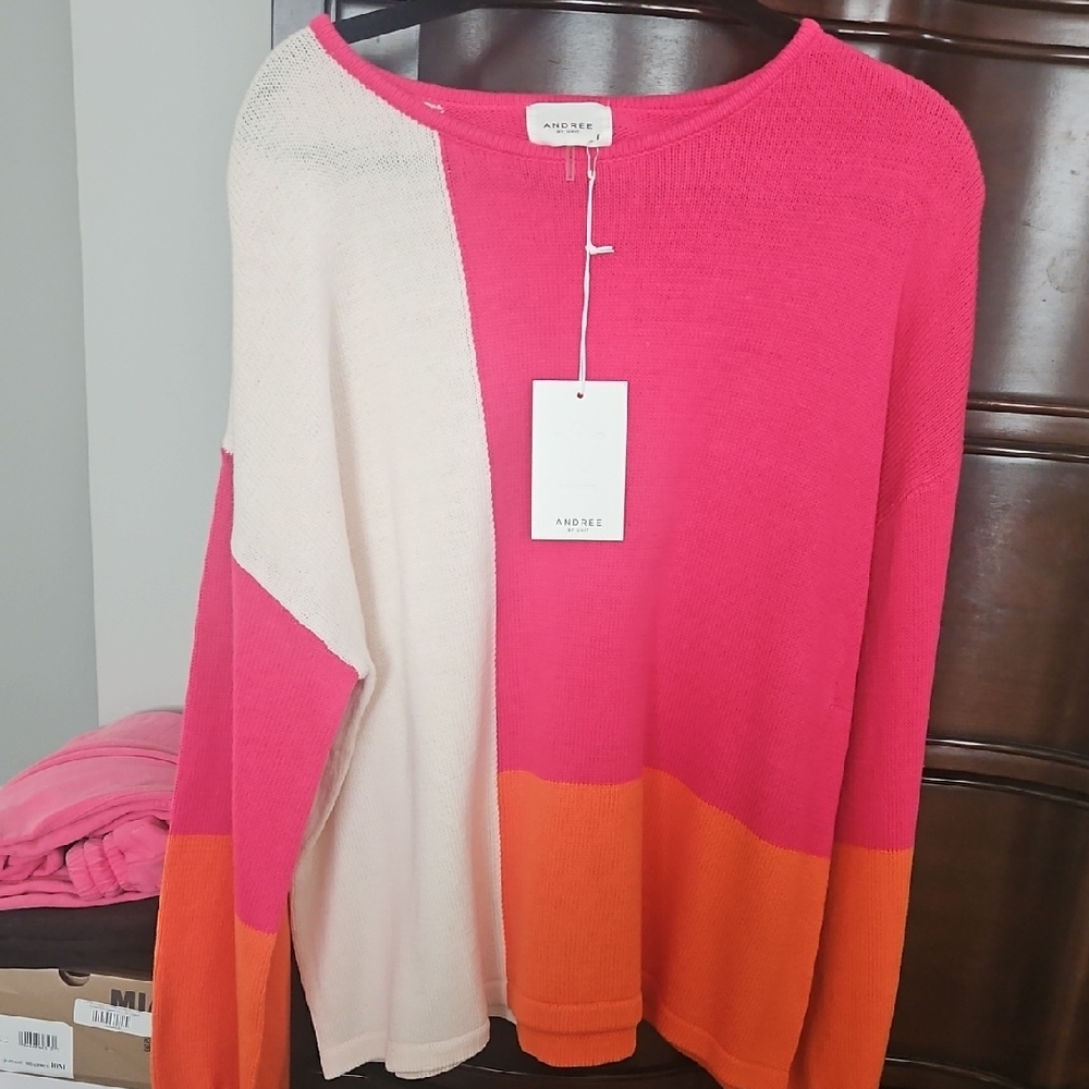 ANDREE BY UNIT Color Block Sweater - Pink, Cream, and Orange
